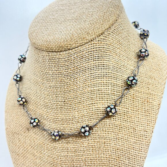 VINTAGE AB Aurora Borealis Crystal Disco Ball Necklace Gunmetal Station Choker - Picture 5 of 13